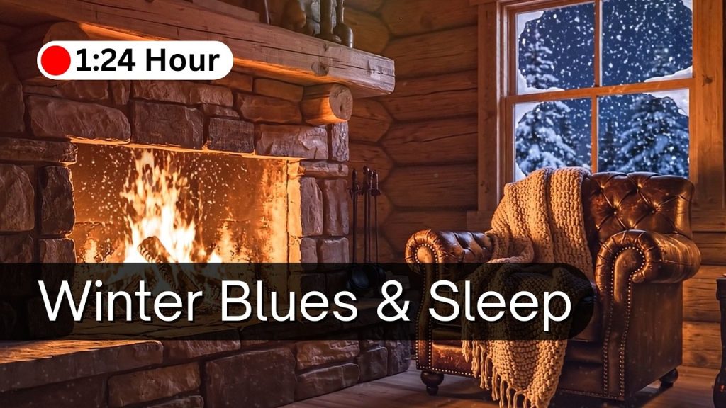Warm Cabin Ambience with Crackling Fire & Soft Acoustic Guitar for Winter Blues & Sleep