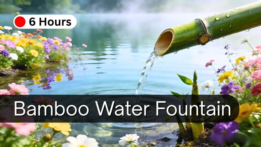 6 hours of bamboo water fountain healing sound with piano music Best for Studying - No Mid-Roll Ads